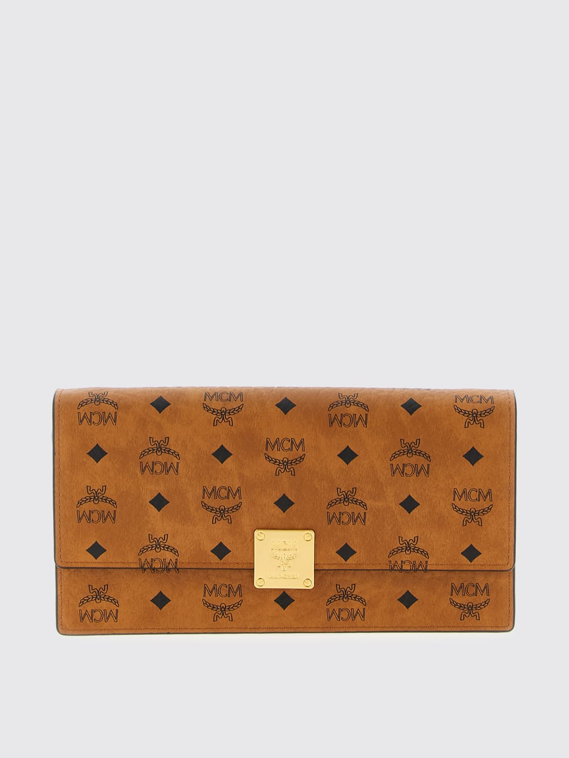 MCM BORSA MINI: Borsa MCM in cotone spalmato con logo all over , Marrone - Img 1