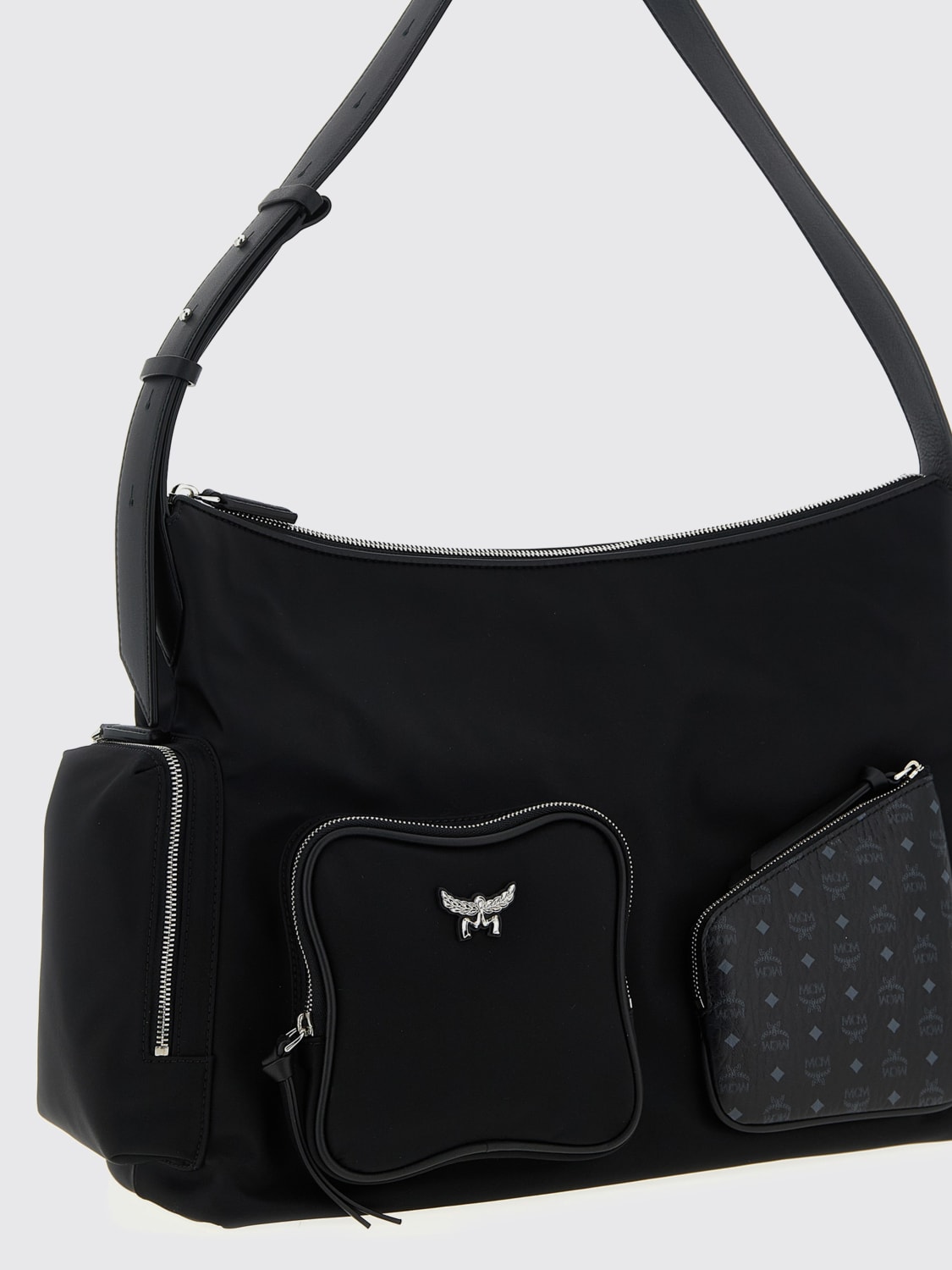 MCM BORSA A SPALLA: Borsa Aren MCM in nylon e cotone spalmato con logo , Nero - Img 3