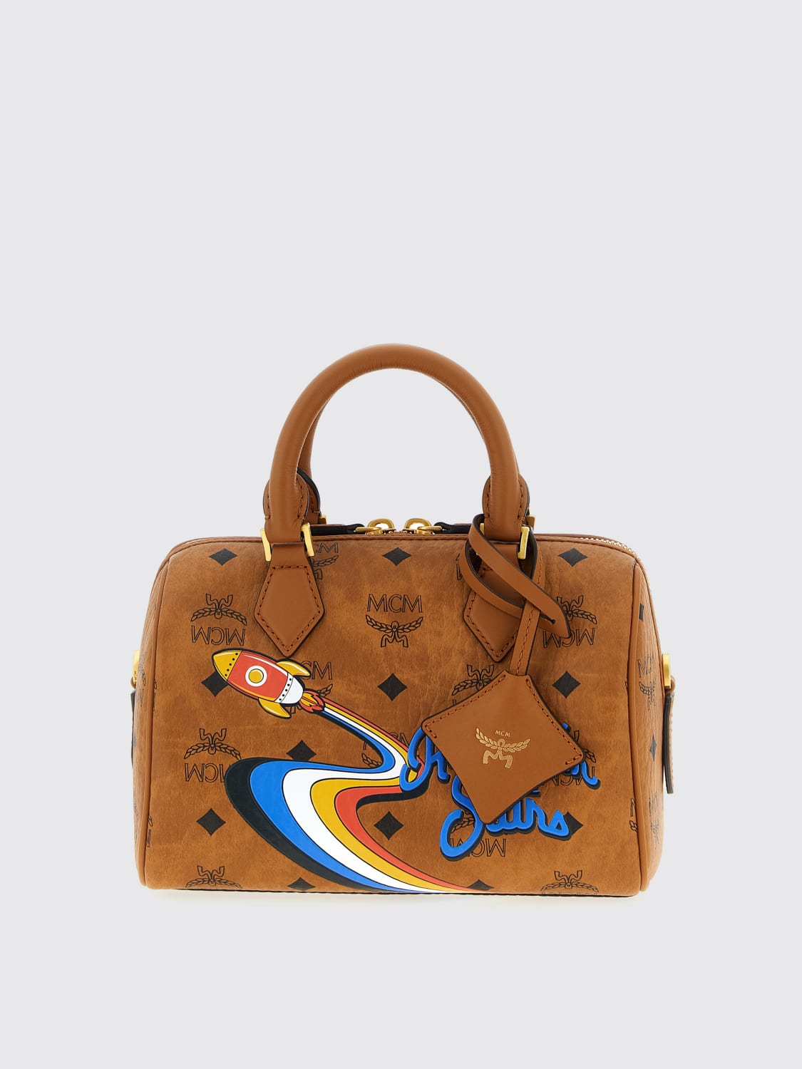 MCM BORSA MINI: Borsa Ella Boston MCM in cotone spalmato con stampa , Marrone - Img 1