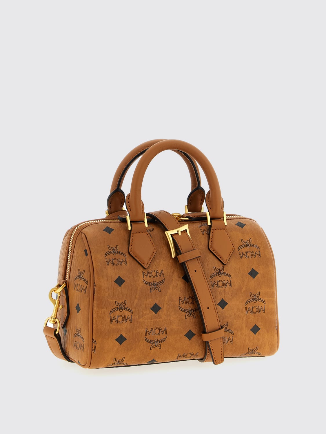 MCM BORSA MINI: Borsa Ella Boston MCM in cotone spalmato con stampa , Marrone - Img 2