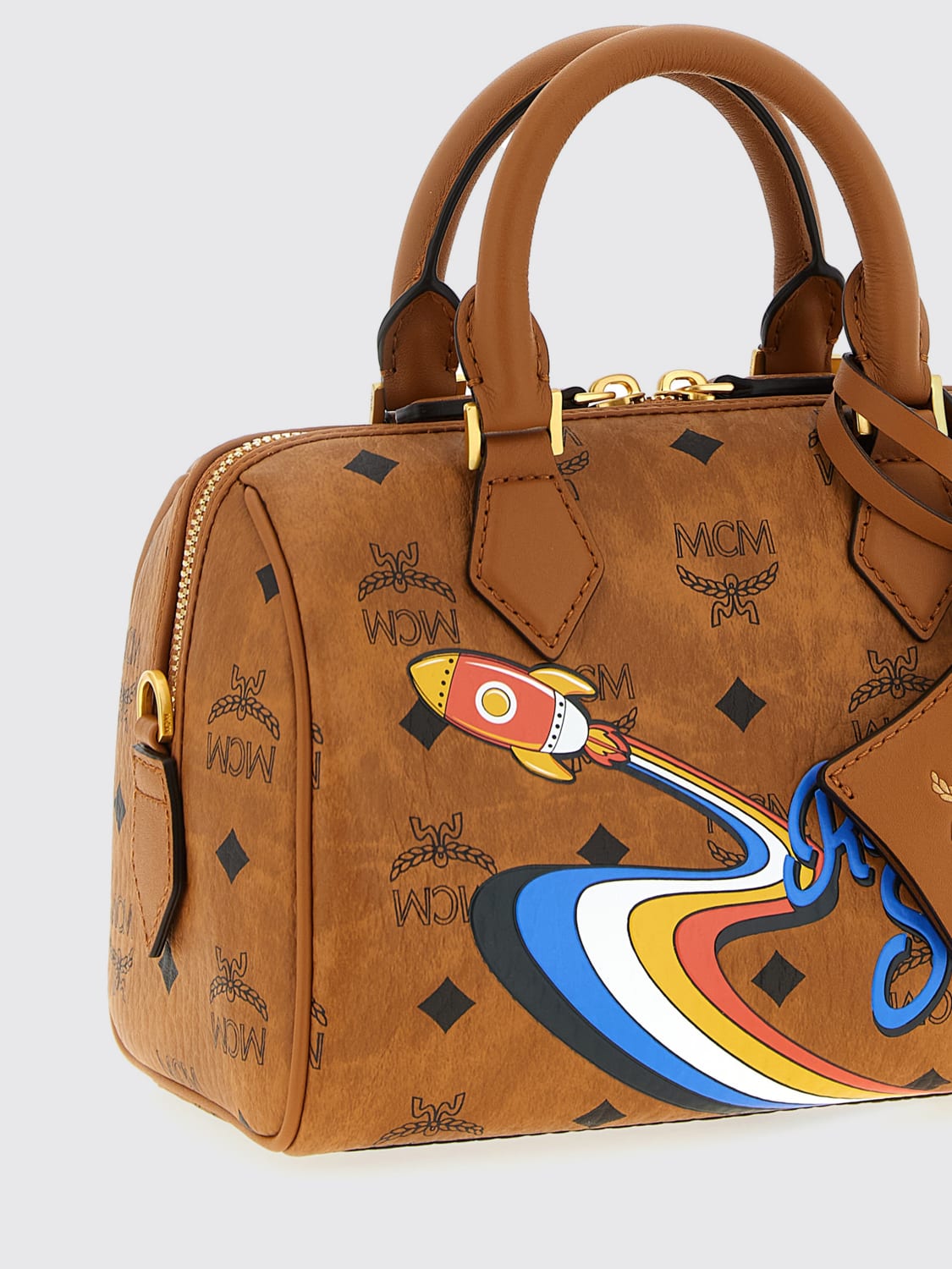 MCM BORSA MINI: Borsa Ella Boston MCM in cotone spalmato con stampa , Marrone - Img 3