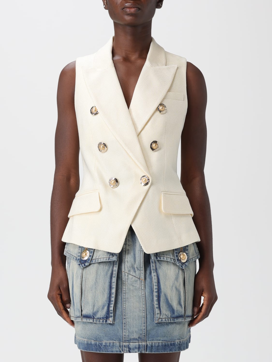 BALMAIN GILET: Gilet sartoriale a doppiopetto in misto cotone Balmain, Bianco - Img 1