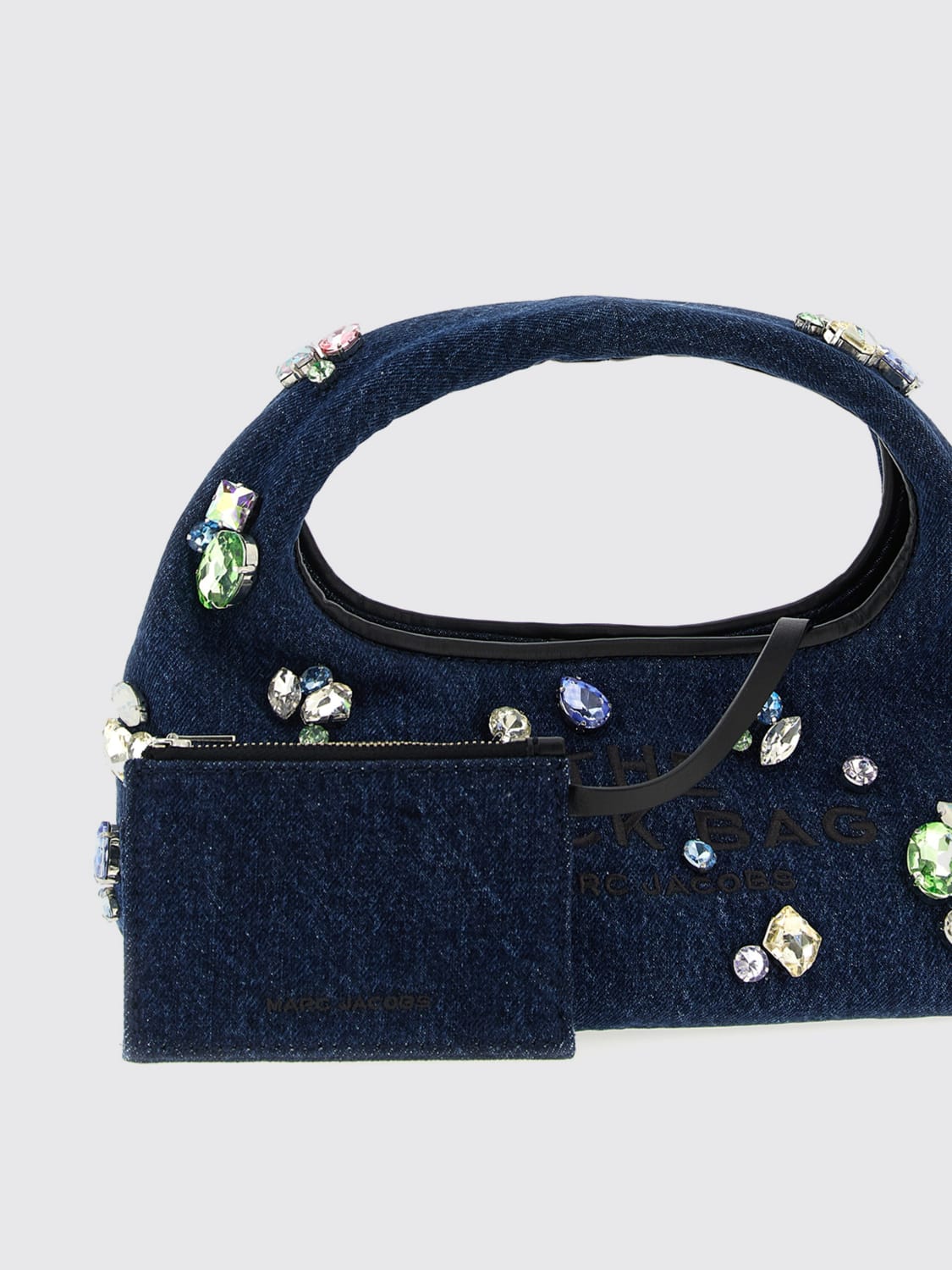 MARC JACOBS BORSA MINI: Borsa The Gem Denim Sack Marc Jacobs in denim con cristalli applicati , Blue - Img 3