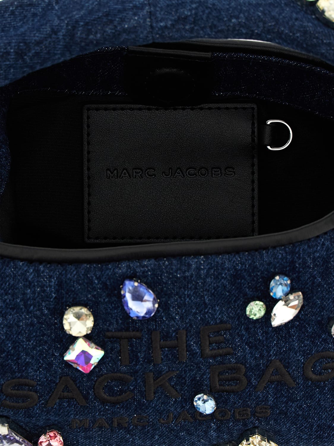 MARC JACOBS BORSA MINI: Borsa The Gem Denim Sack Marc Jacobs in denim con cristalli applicati , Blue - Img 4