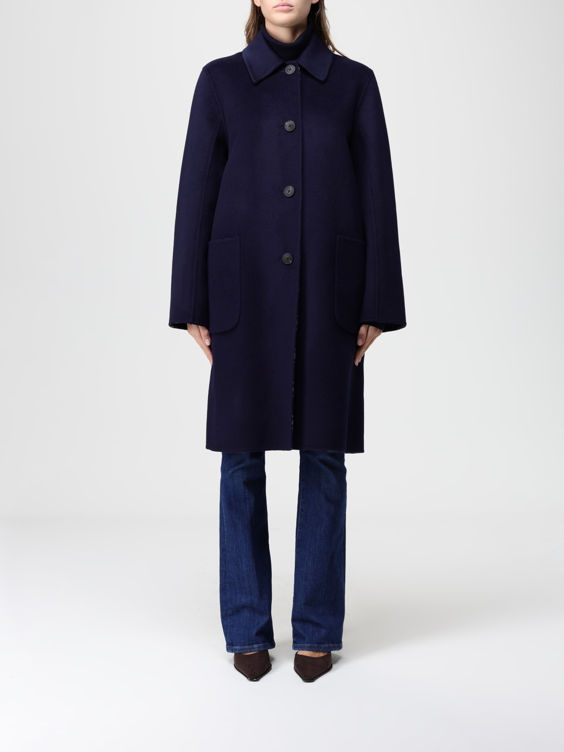 TORY BURCH CAPPOTTO: Cappotto di lana con logo all-over Tory Burch, Blue Navy - Img 1