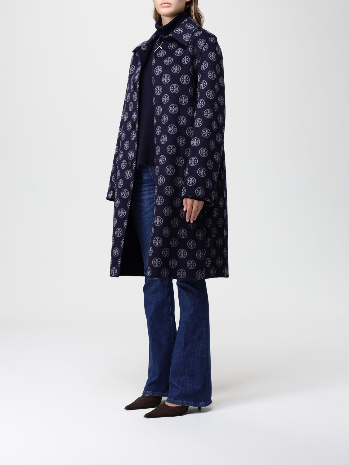 TORY BURCH CAPPOTTO: Cappotto di lana con logo all-over Tory Burch, Blue Navy - Img 3