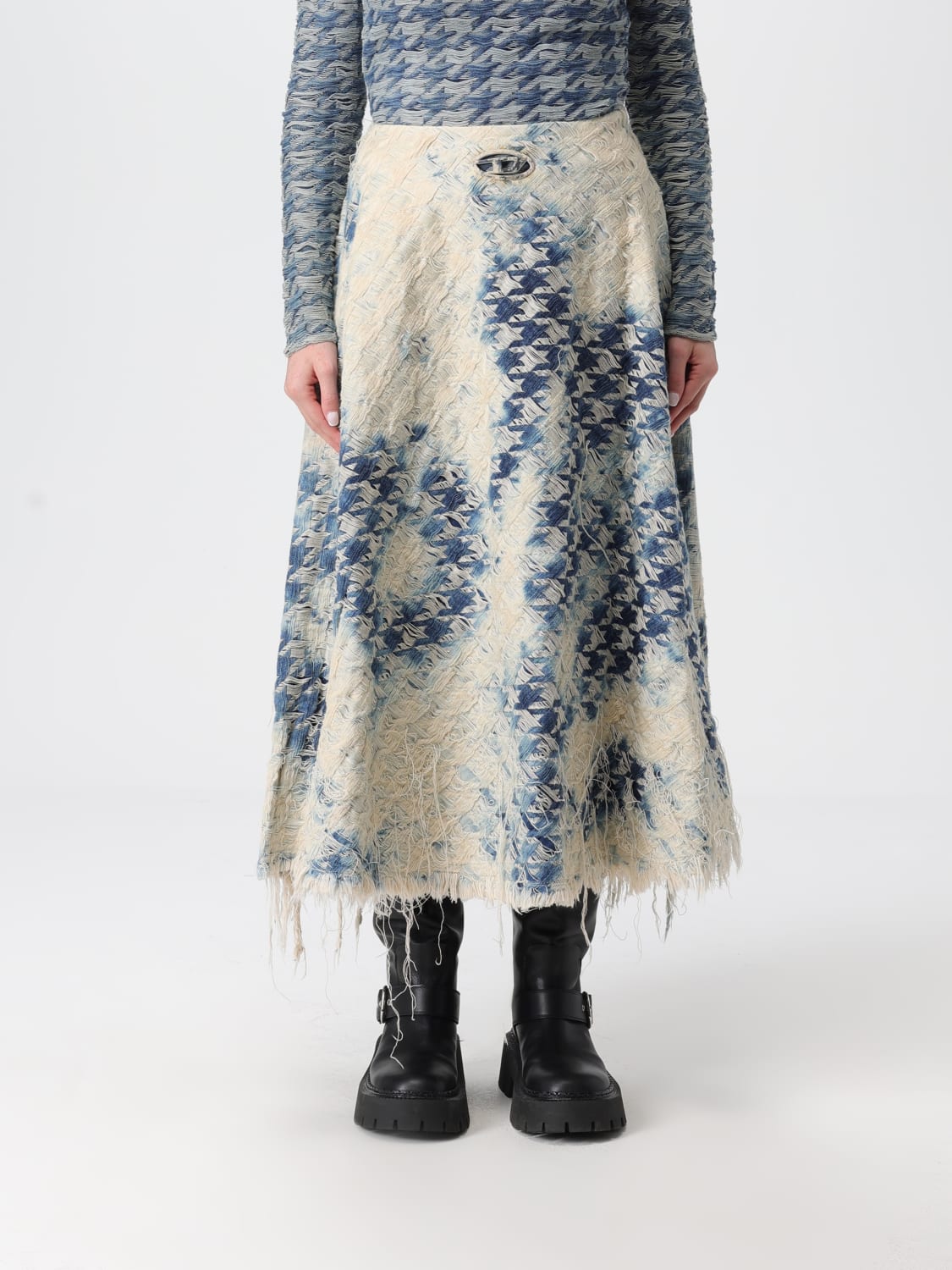 DIESEL GONNA: Gonna midi Diesel in cotone intrecciato , Blue - Img 1