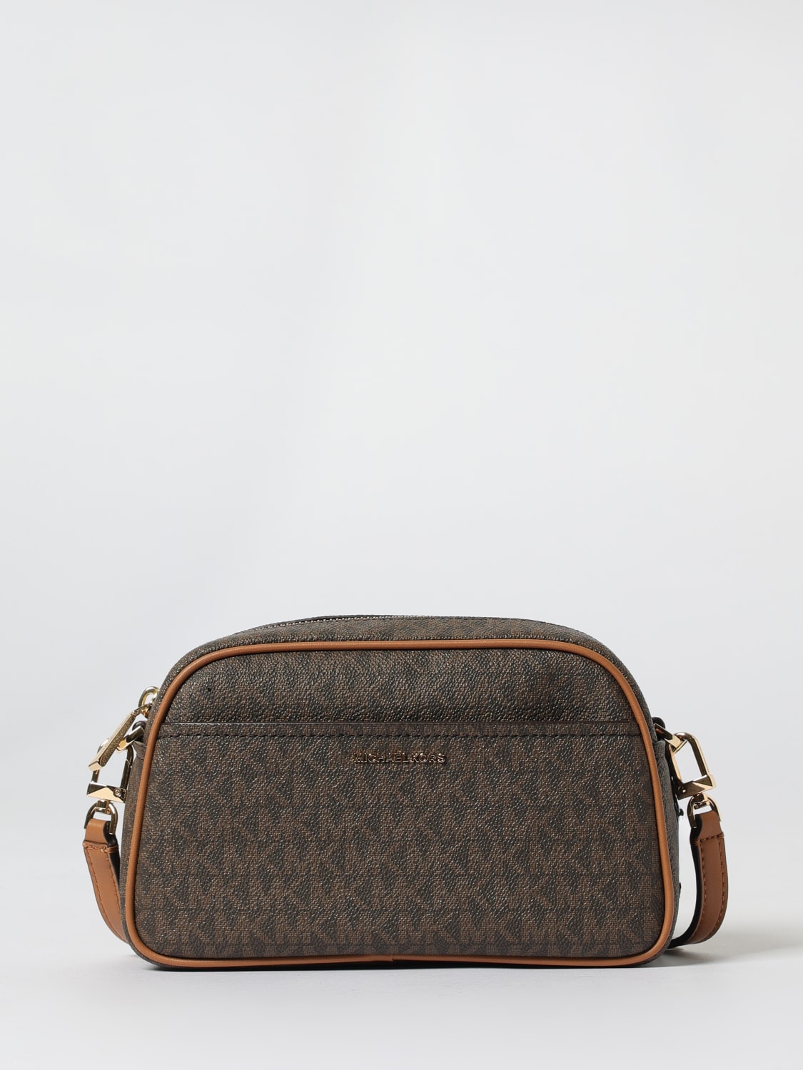 MICHAEL KORS BORSA MINI: Borsa Jet Set Michael Kors in cotone spalmato a grana con monogram MK all over , Marrone - Img 1