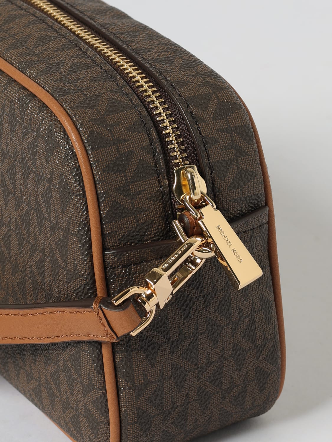 MICHAEL KORS BORSA MINI: Borsa Jet Set Michael Kors in cotone spalmato a grana con monogram MK all over , Marrone - Img 3