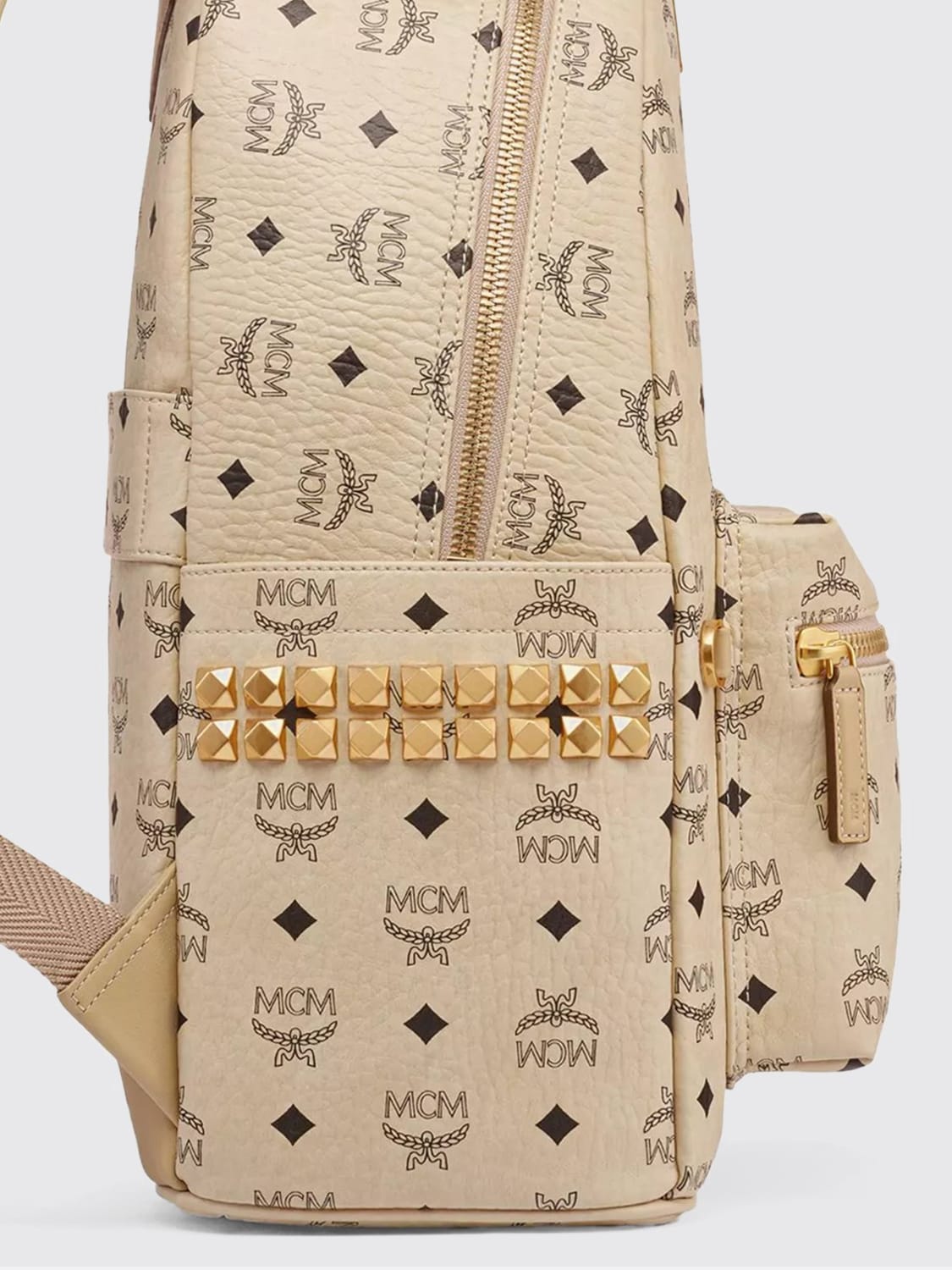 MCM ZAINO: Zaino Stark MCM in pelle a grana con borchie , Beige - Img 3