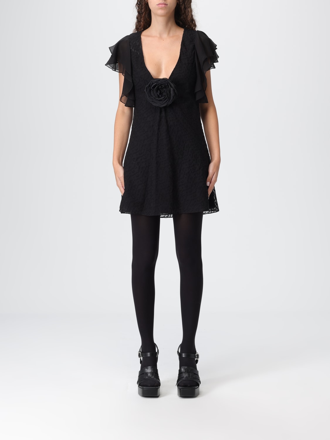 SAINT LAURENT ABITO: Abito Saint Laurent in mussola ricamata , Nero - Img 1