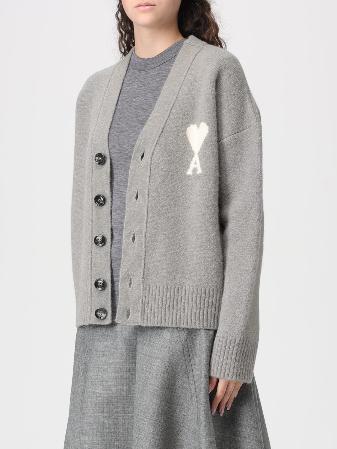 AMI PARIS CARDIGAN: Cardigan Ami Paris in lana con monogram , Grigio - Img 3