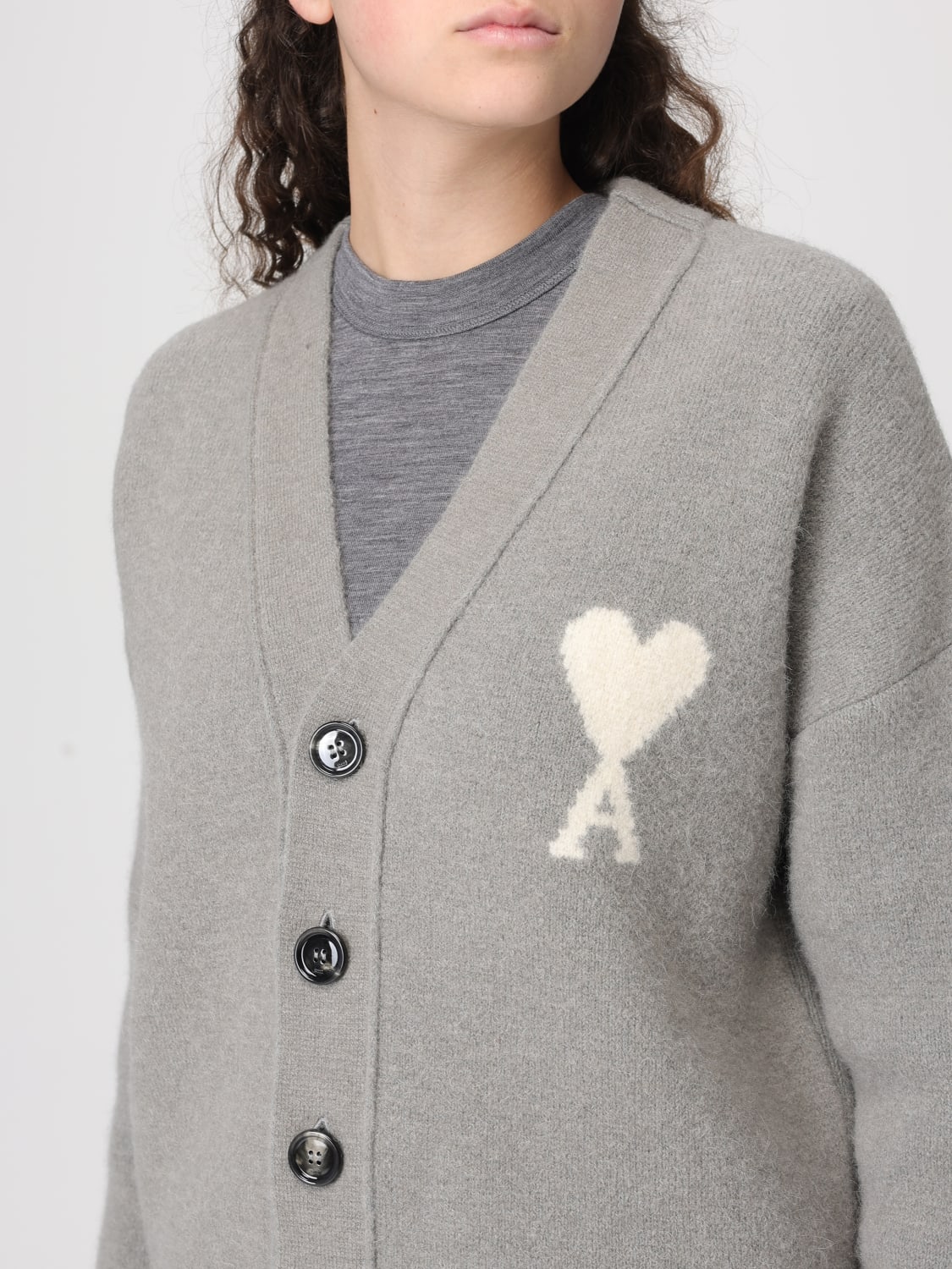AMI PARIS CARDIGAN: Cardigan Ami Paris in lana con monogram , Grigio - Img 4
