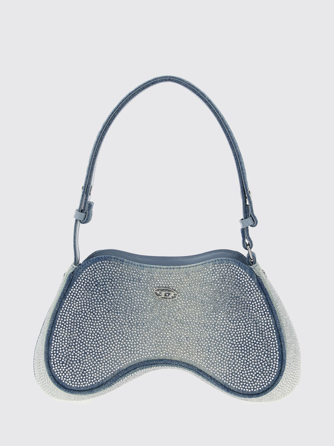 DIESEL BORSA A SPALLA: Borsa Play Diesel in denim candeggiato con strass, Blue - Img 1