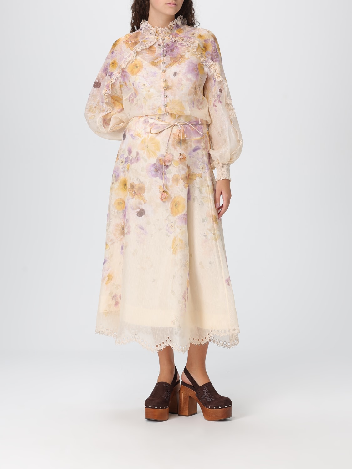 ZIMMERMANN GONNA: Gonna midi Zimmermann in lino e seta con stampa floreale , Beige - Img 2