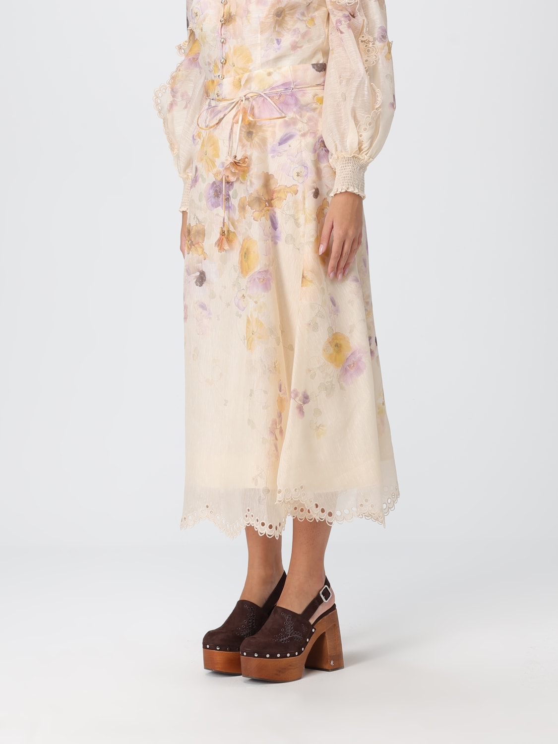ZIMMERMANN GONNA: Gonna midi Zimmermann in lino e seta con stampa floreale , Beige - Img 4
