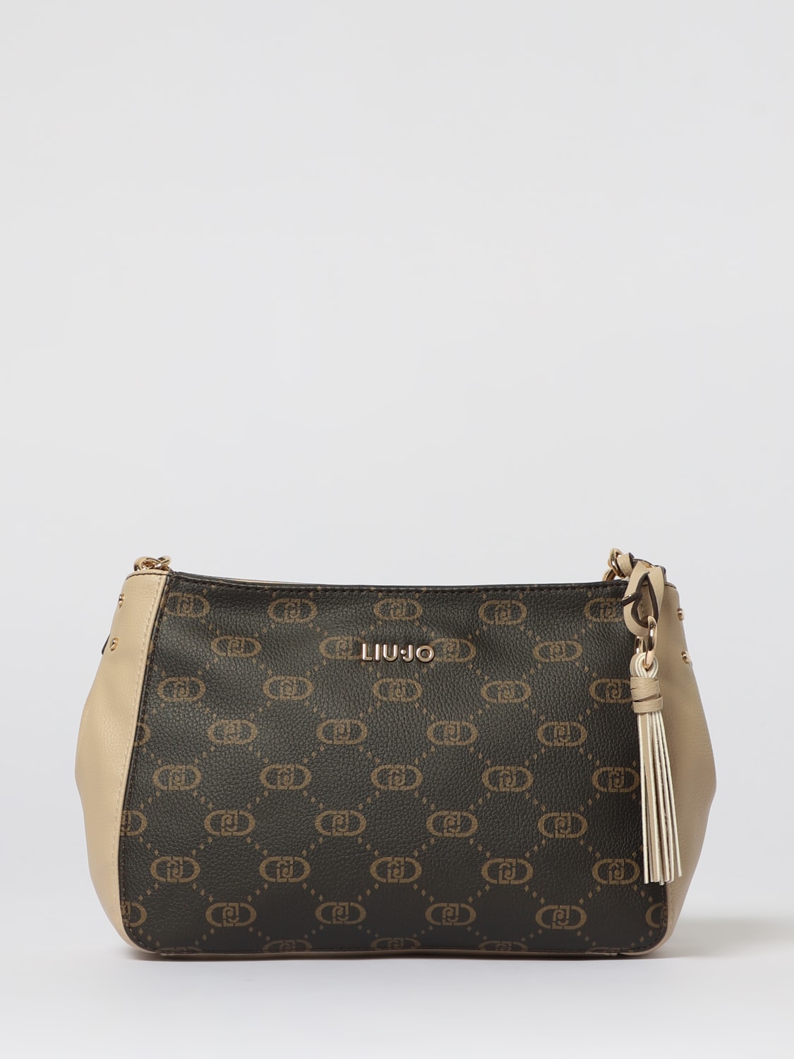 LIU JO BORSA A SPALLA: Borsa Liu Jo in pelle sintetica a grana con monogram all over , Beige - Img 1