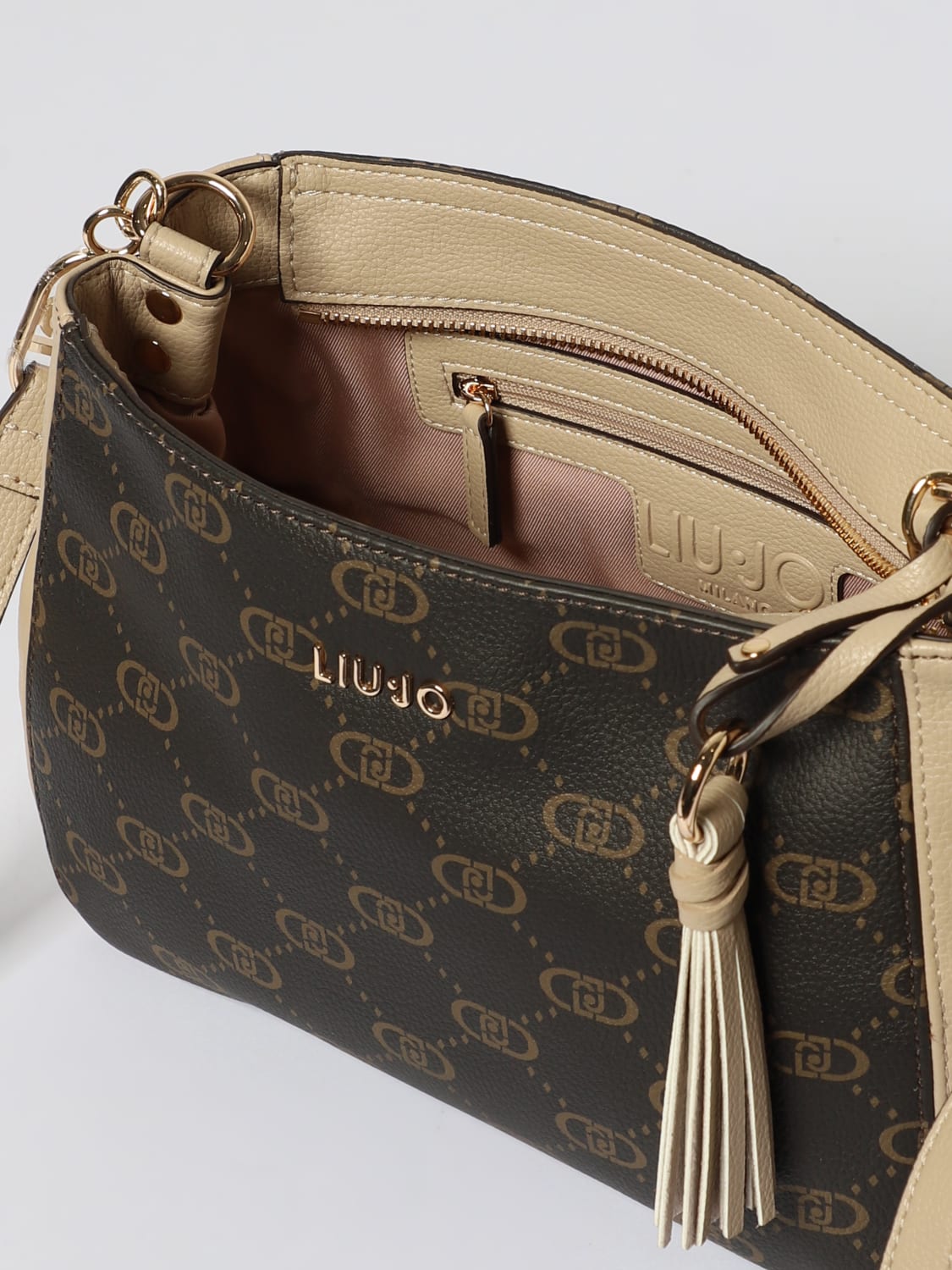 LIU JO BORSA A SPALLA: Borsa Liu Jo in pelle sintetica a grana con monogram all over , Beige - Img 3