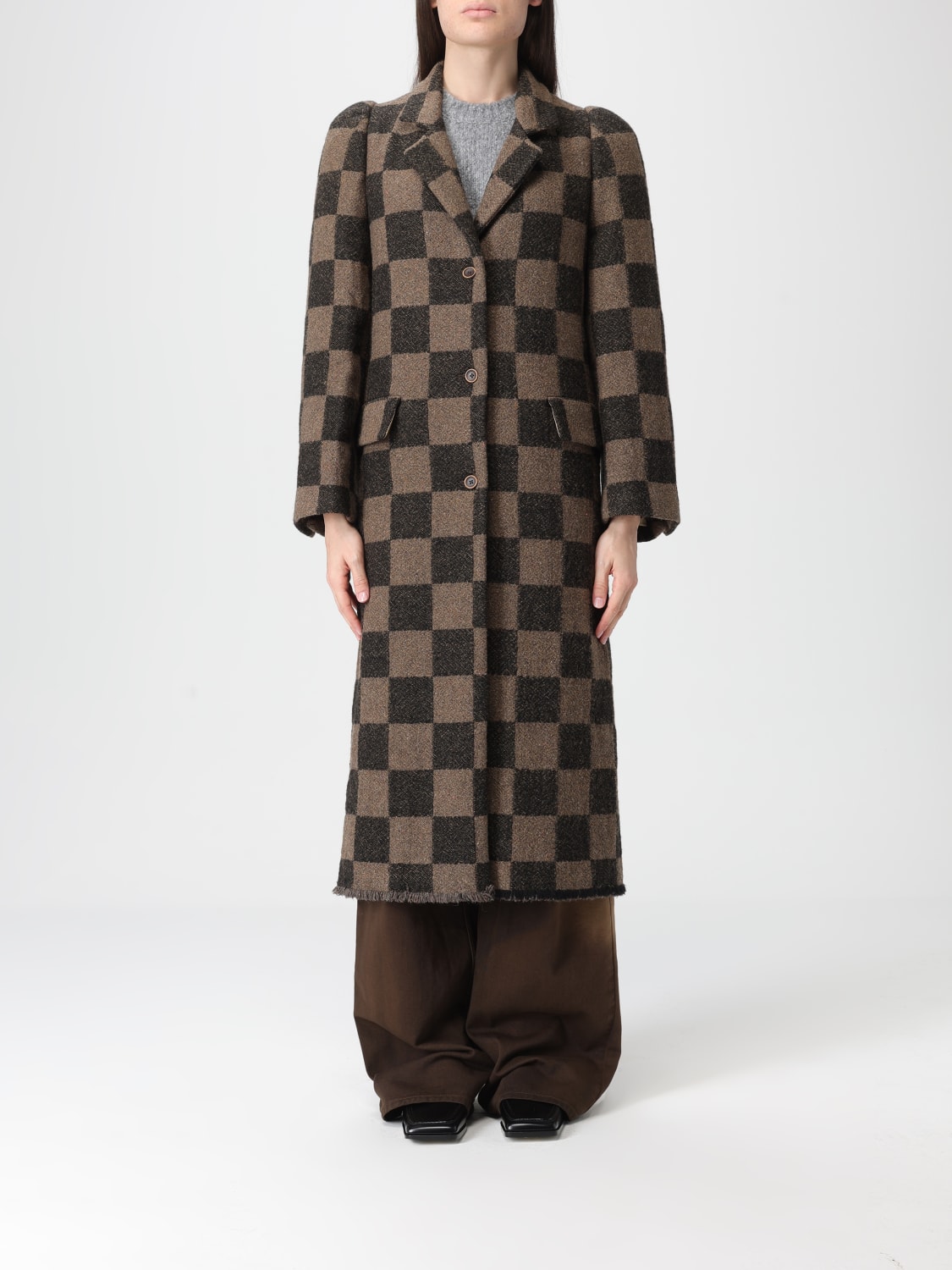 UMA WANG CAPPOTTO: Cappotto Cita a scacchi Uma Wang in misto lino, Marrone - Img 1