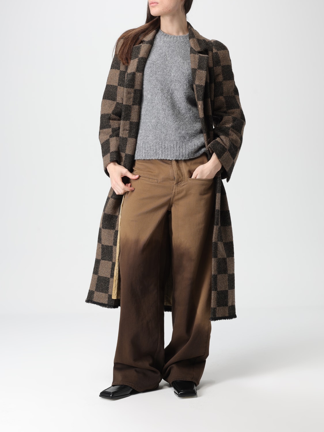 UMA WANG CAPPOTTO: Cappotto Cita a scacchi Uma Wang in misto lino, Marrone - Img 2