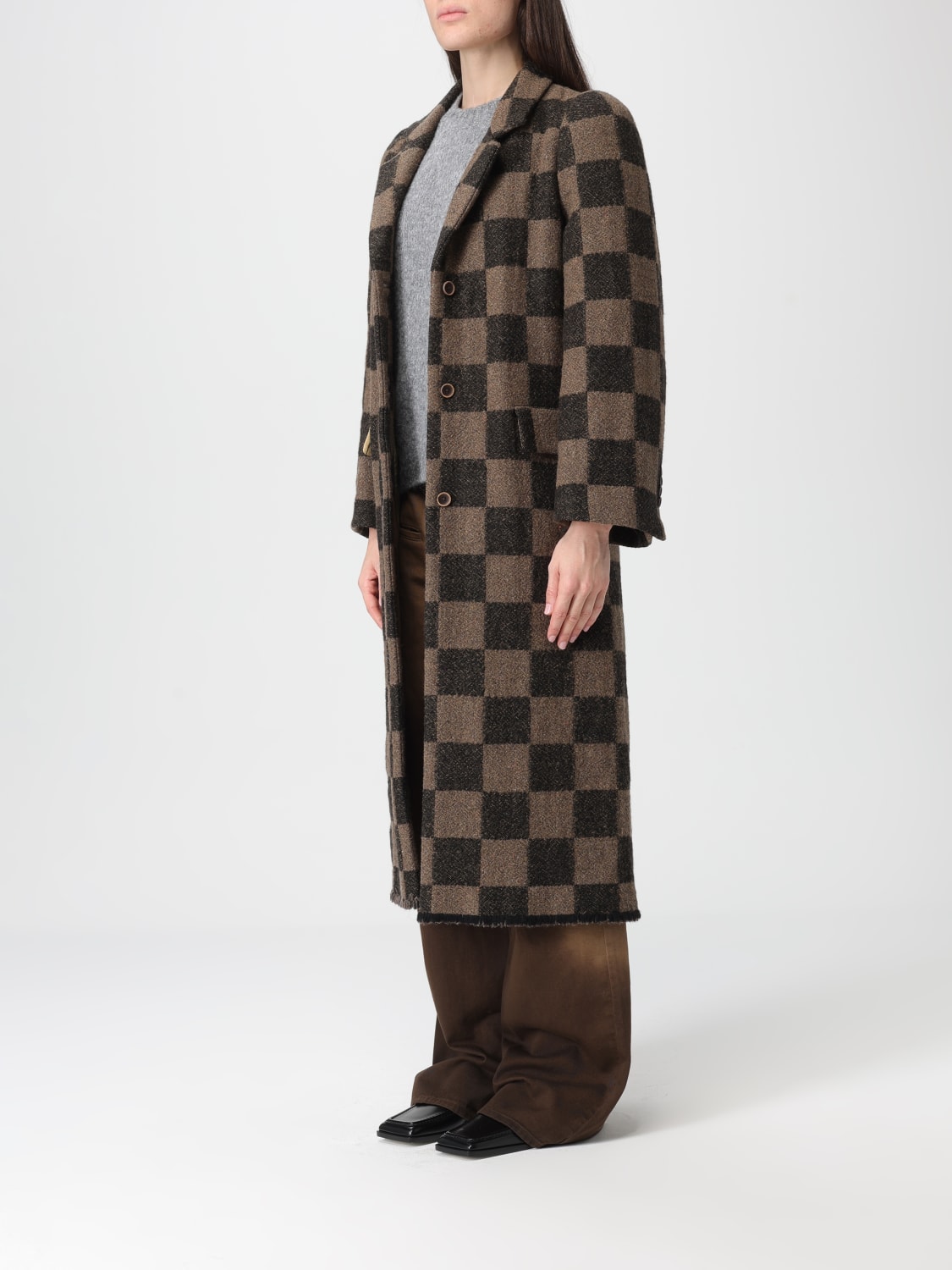 UMA WANG CAPPOTTO: Cappotto Cita a scacchi Uma Wang in misto lino, Marrone - Img 4