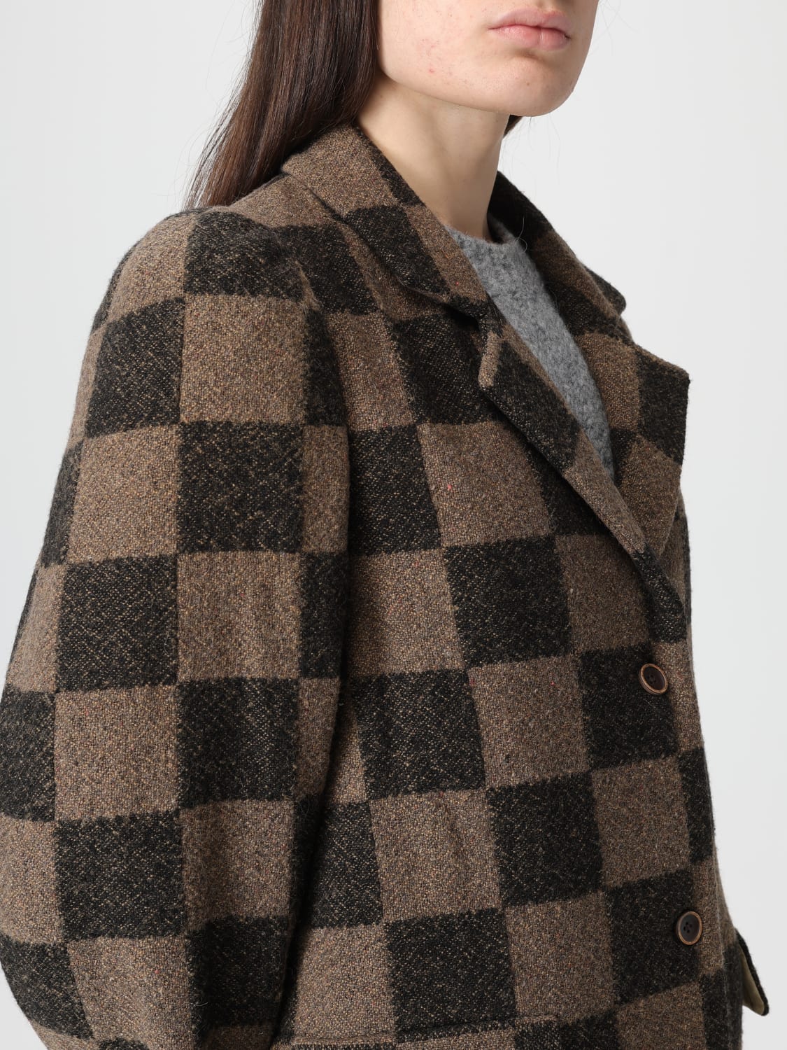 UMA WANG CAPPOTTO: Cappotto Cita a scacchi Uma Wang in misto lino, Marrone - Img 5