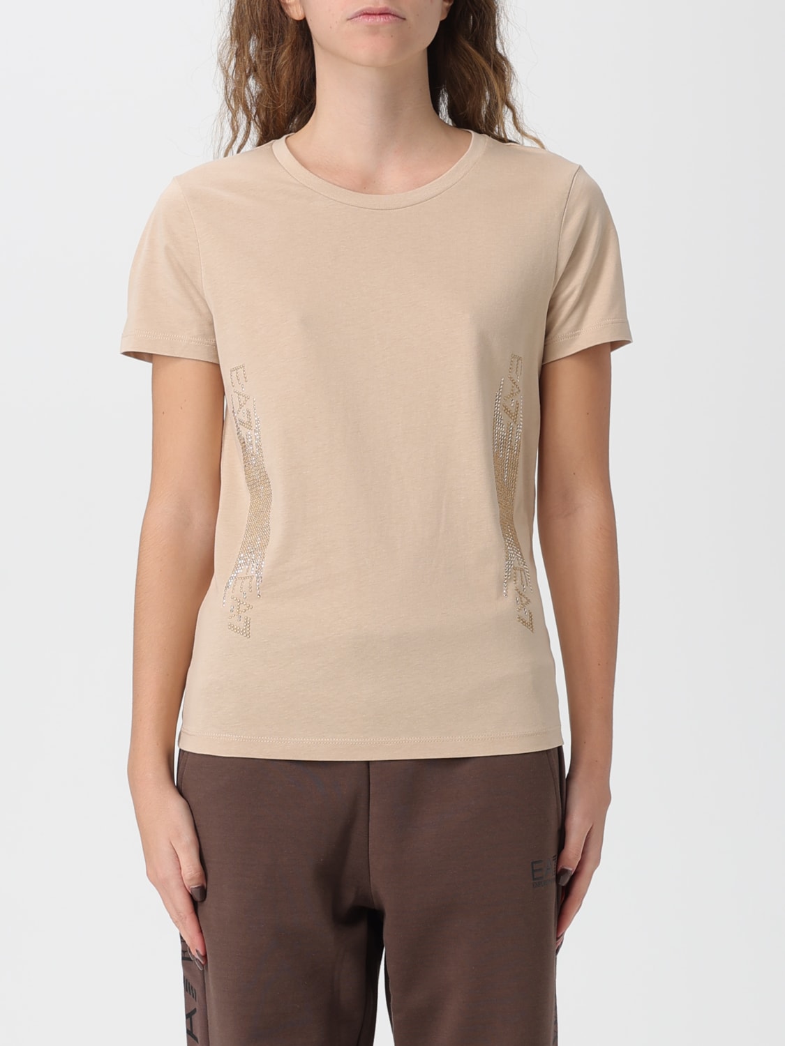 EA7 T-SHIRTS: T-shirt EA7 in cotone con logo di strass , Beige - Img 1