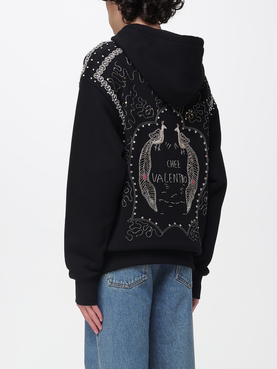 VALENTINO FELPA: Felpa con cappuccio Valentino in cotone con ricami , Nero - Img 3
