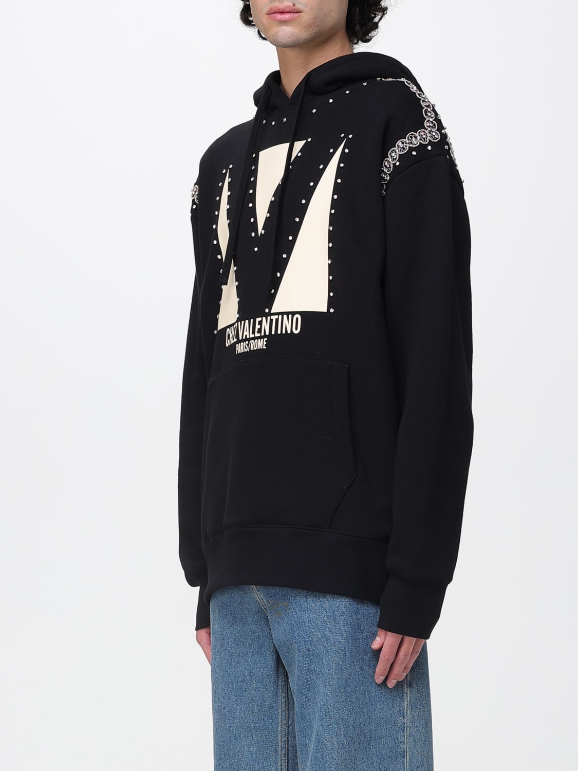 VALENTINO FELPA: Felpa con cappuccio Valentino in cotone con ricami , Nero - Img 4