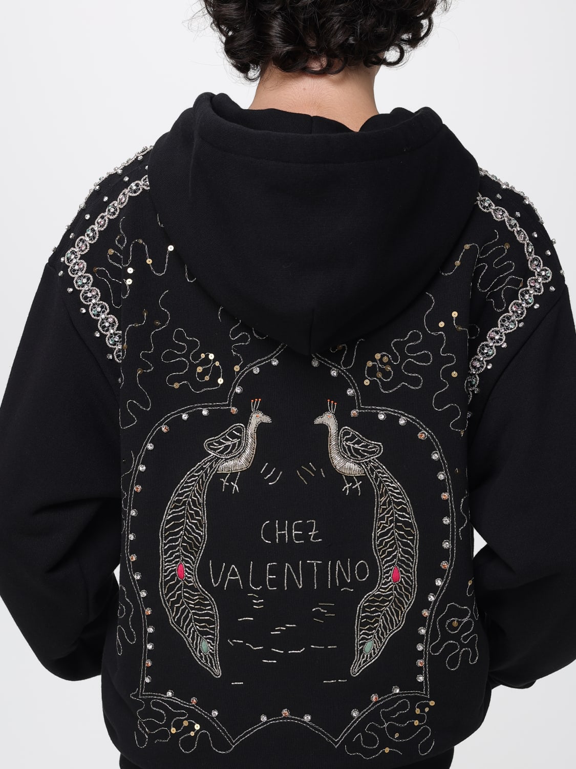 VALENTINO FELPA: Felpa con cappuccio Valentino in cotone con ricami , Nero - Img 5