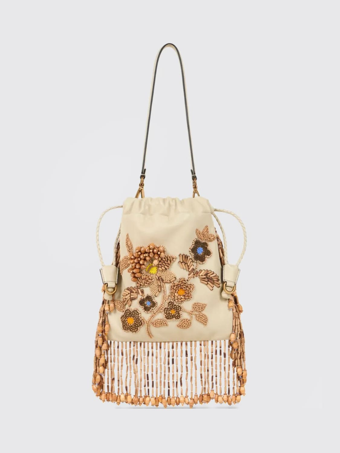 ETRO BORSA MINI: Borsa Kalispera Etro in nappa con perline ricamate e frange, Bianco - Img 1