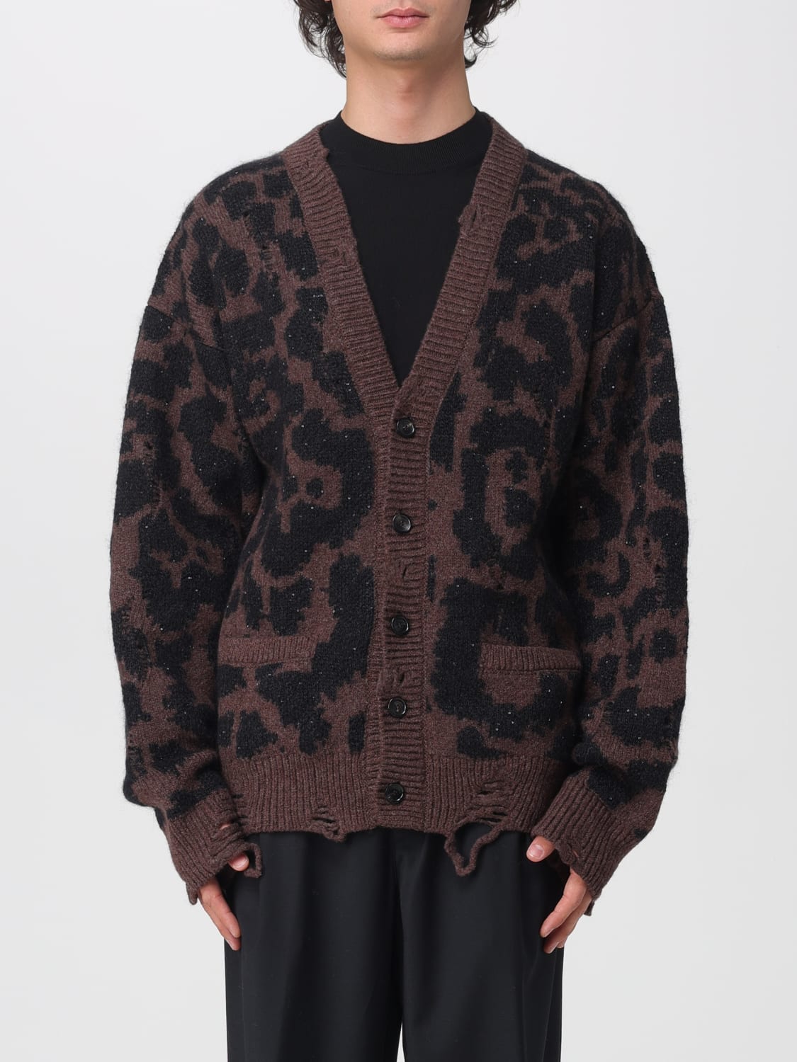 LANEUS MAGLIA: Cardigan in misto lana animalier Laneus, Marrone - Img 1