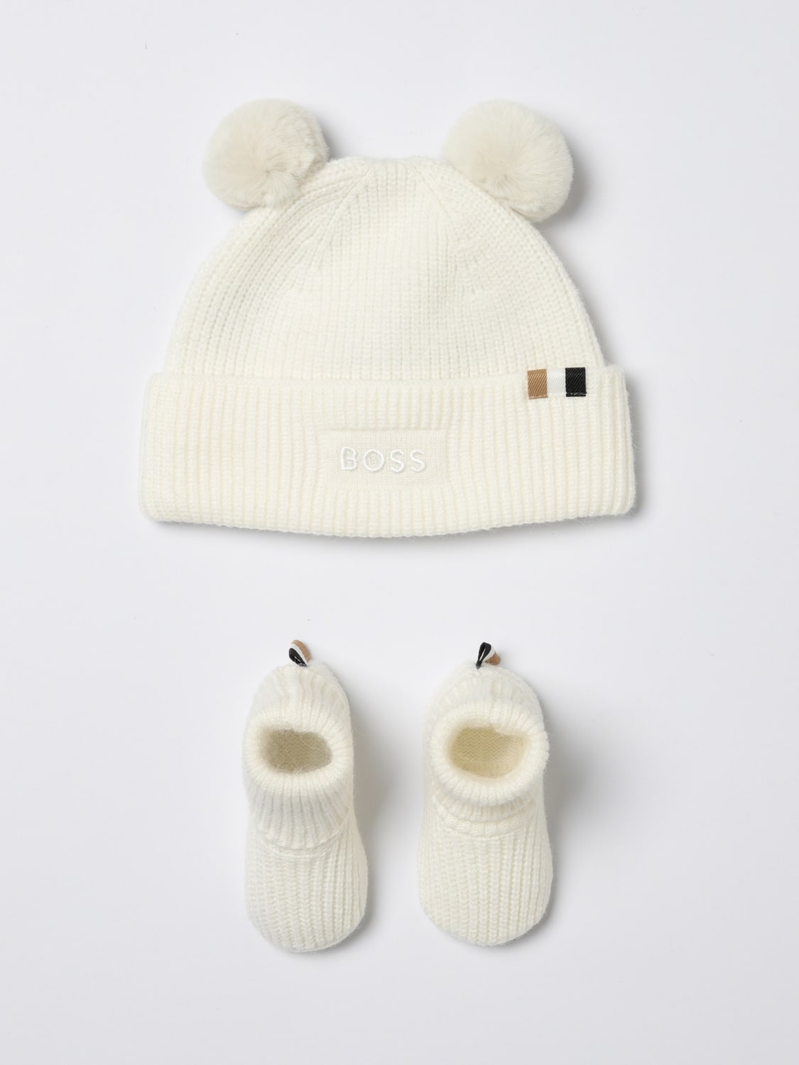 BOSS CAPPELLO NEONATO: Set cappello + calzini Boss in maglia a coste , Bianco - Img 1