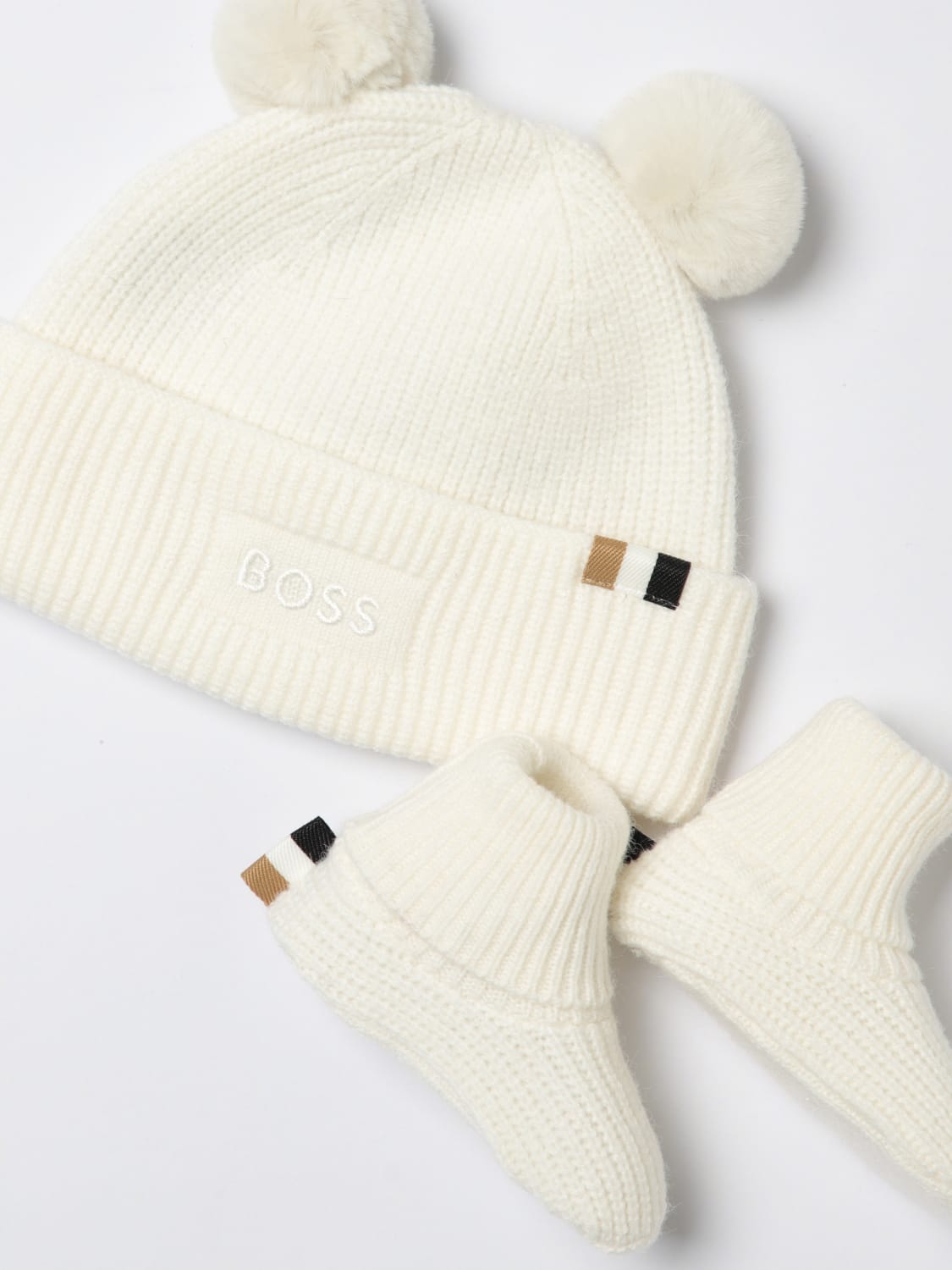 BOSS CAPPELLO NEONATO: Set cappello + calzini Boss in maglia a coste , Bianco - Img 4