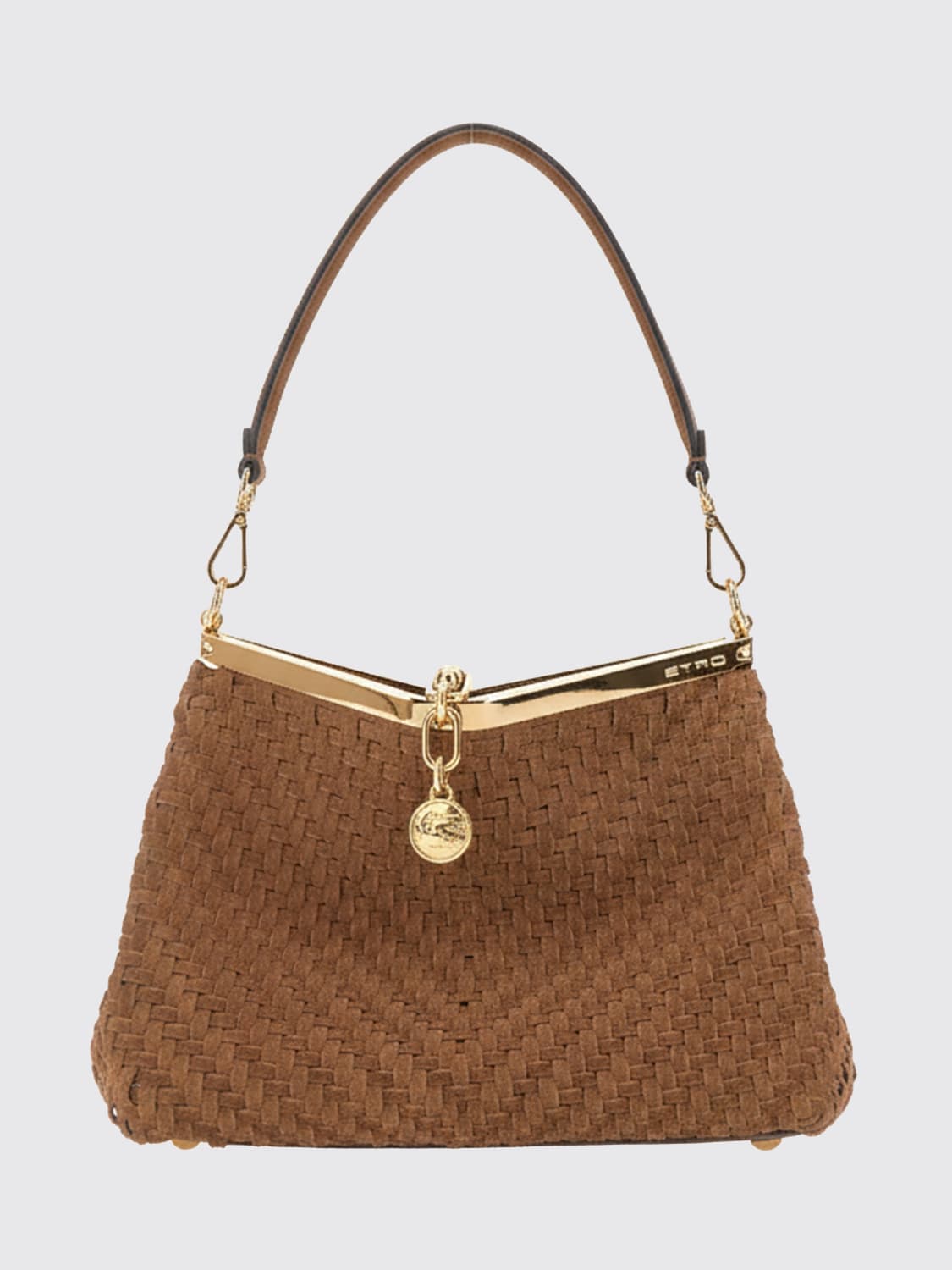 ETRO BORSA A SPALLA: Borsa Vela Medium Etro in camoscio intrecciato, Marrone - Img 1