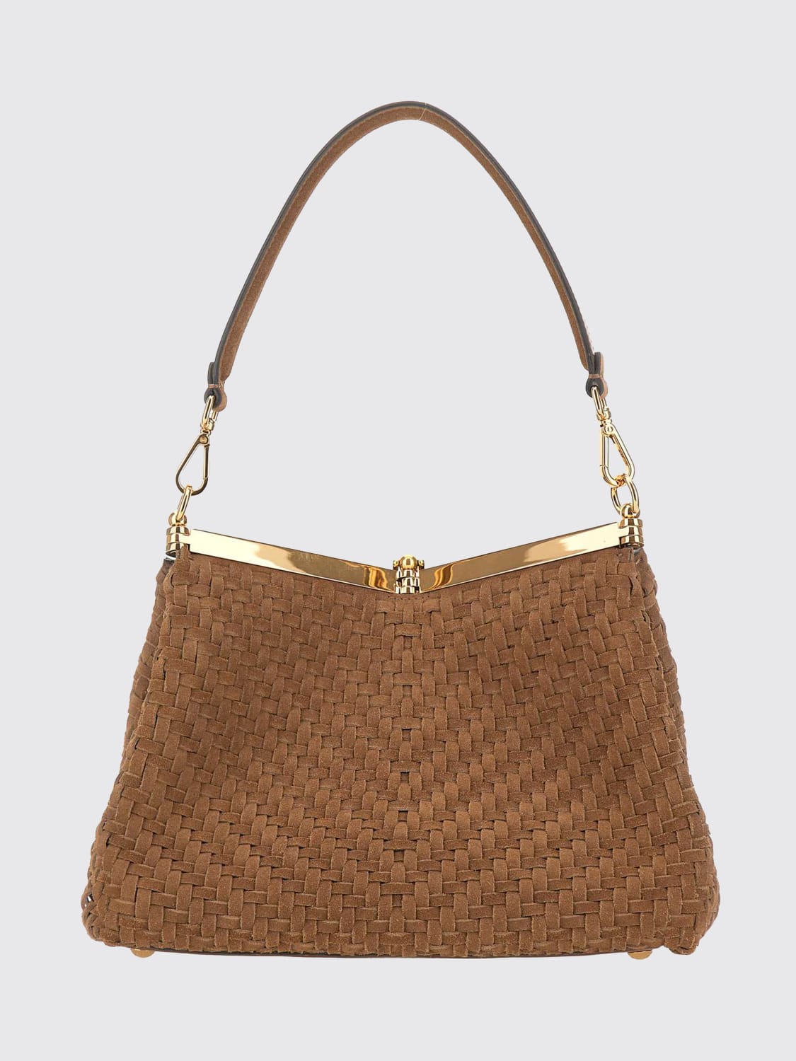 ETRO BORSA A SPALLA: Borsa Vela Medium Etro in camoscio intrecciato, Marrone - Img 2