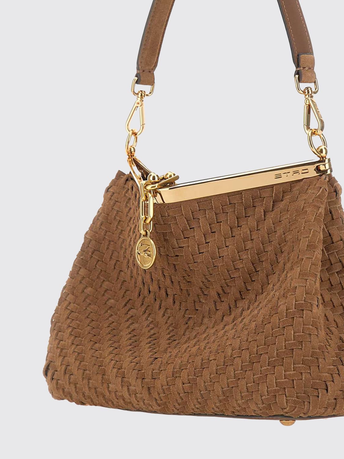 ETRO BORSA A SPALLA: Borsa Vela Medium Etro in camoscio intrecciato, Marrone - Img 3