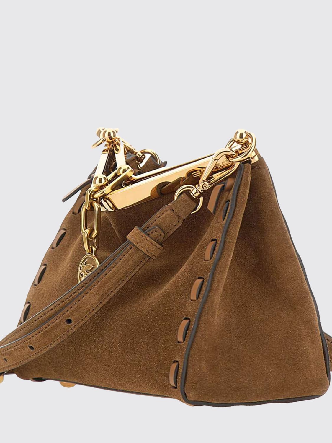 ETRO BORSA MINI: Borsa Vela Small Etro in camoscio con cuciture a filo , Marrone - Img 2