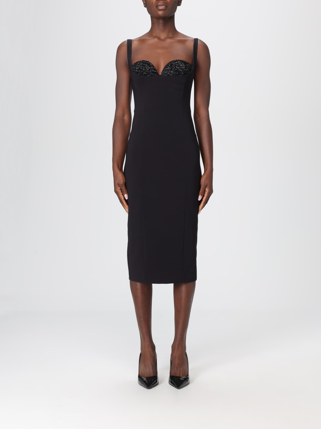 ELISABETTA FRANCHI ABITO: Abito midi Elisabetta Franchi in crêpe con strass , Nero - Img 1