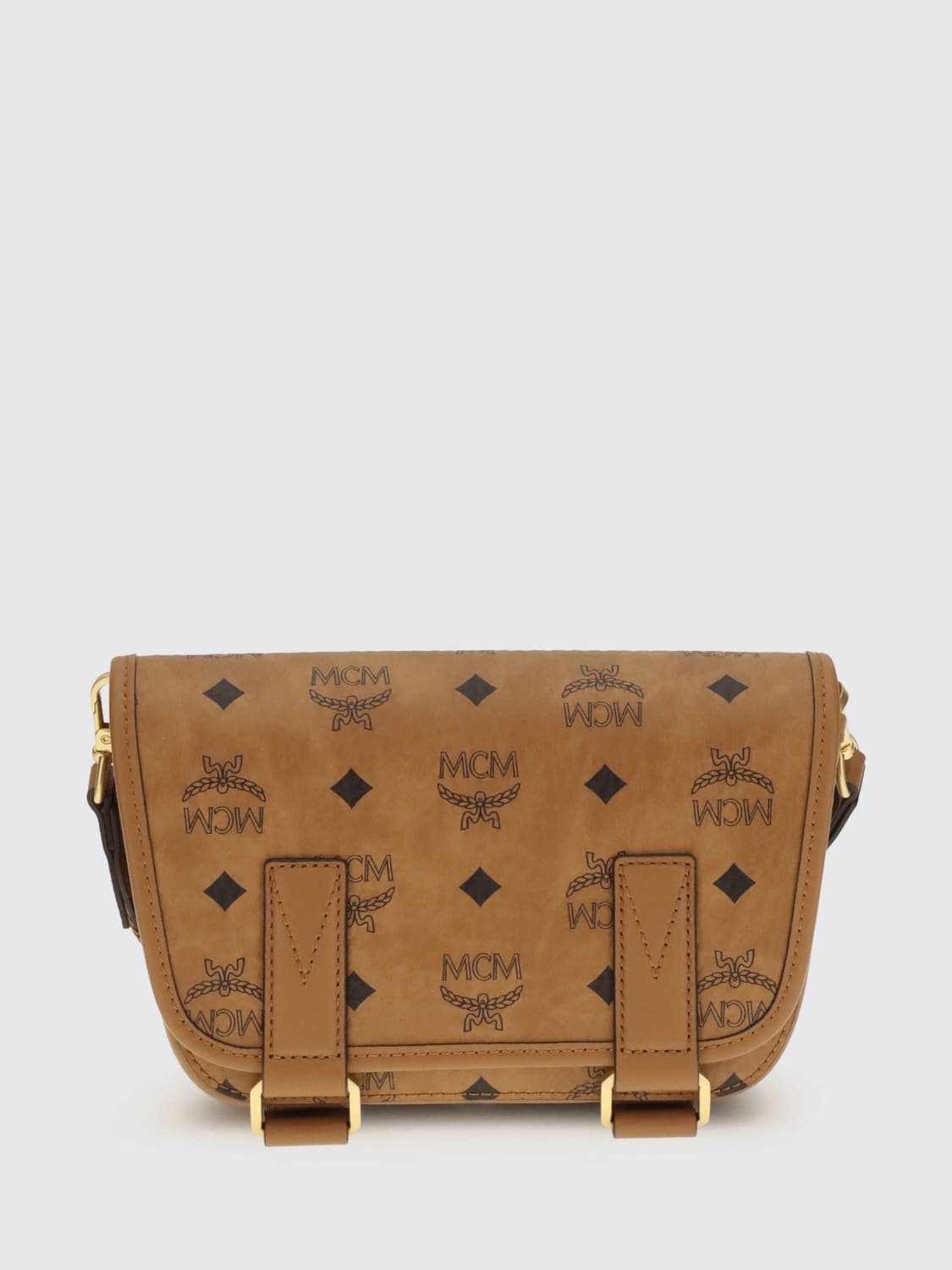 MCM BORSA A TRACOLLA: Borsa Aren Mini Messenger MCM in cotone spalmato con logo all over , Marrone - Img 1