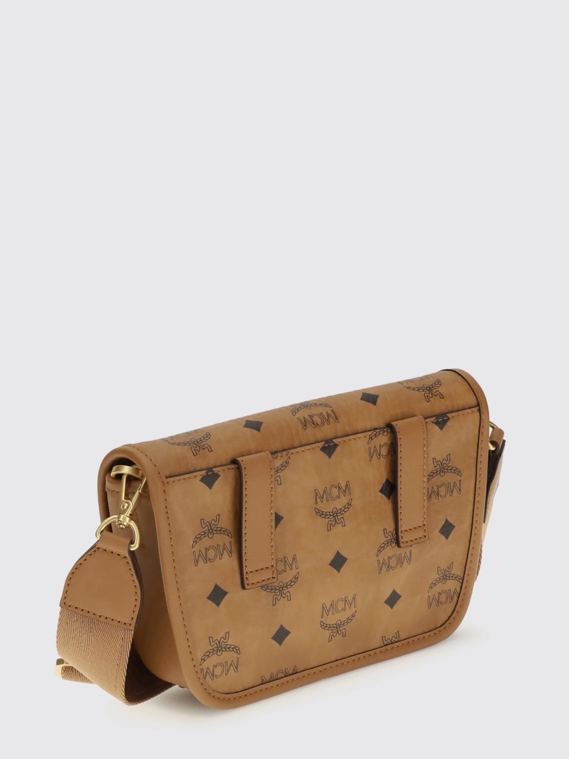 MCM BORSA A TRACOLLA: Borsa Aren Mini Messenger MCM in cotone spalmato con logo all over , Marrone - Img 2