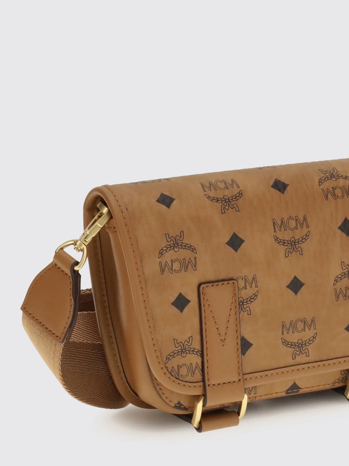 MCM BORSA A TRACOLLA: Borsa Aren Mini Messenger MCM in cotone spalmato con logo all over , Marrone - Img 3