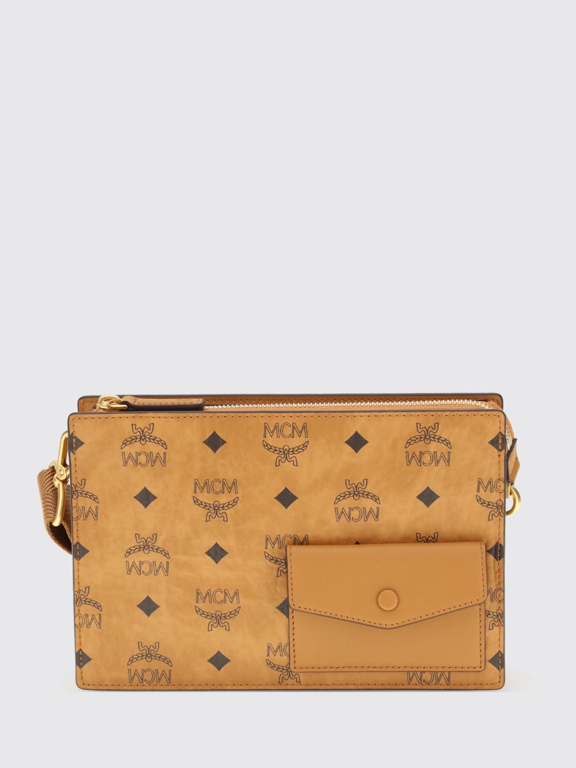 MCM PORTADOCUMENTI: Clutch Aren Small MCM in cotone spalmato con logo all over , Marrone - Img 1