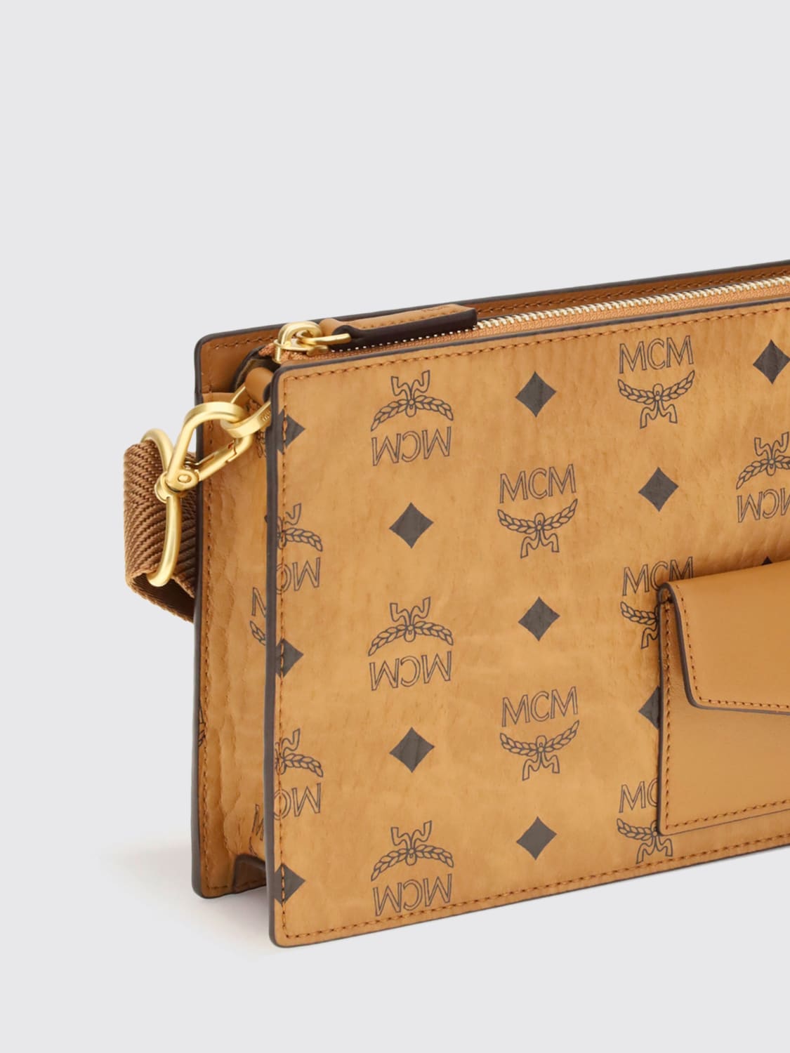 MCM PORTADOCUMENTI: Clutch Aren Small MCM in cotone spalmato con logo all over , Marrone - Img 3