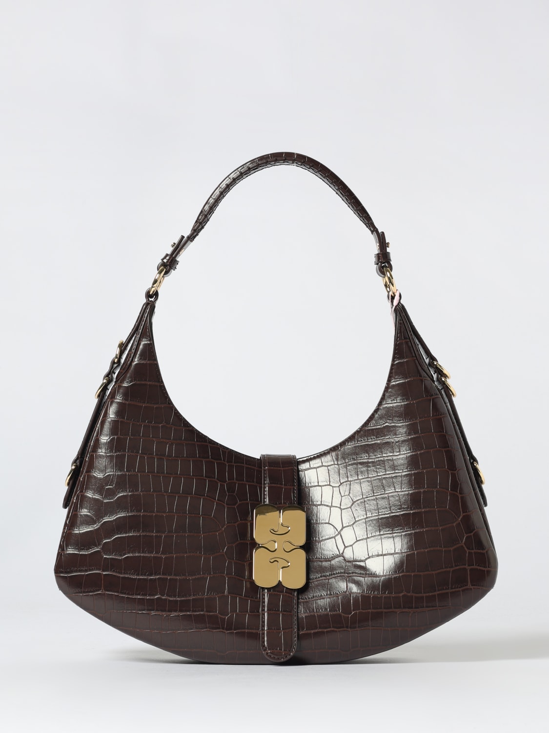 GANNI BORSA A SPALLA: Borsa Small Kat Ganni in pelle riciclata stampa cocco , Marrone - Img 1