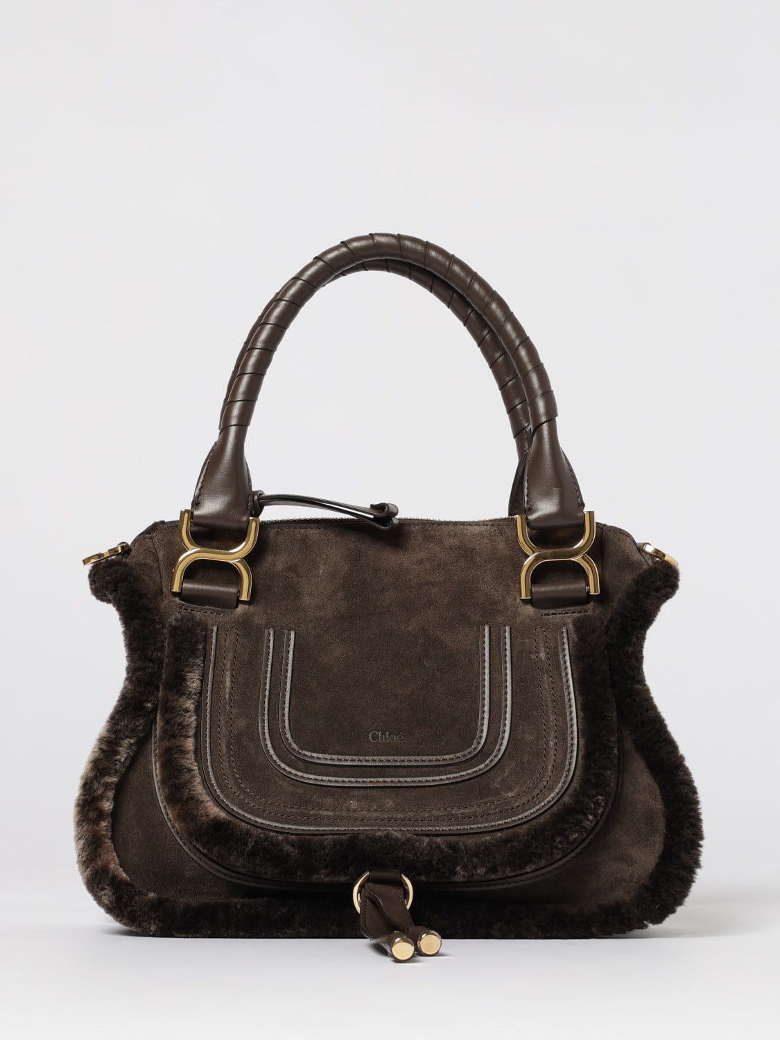 CHLOÉ BORSA MINI: Borsa Saddle Marcie Chloé in camoscio e shearling , Marrone - Img 1