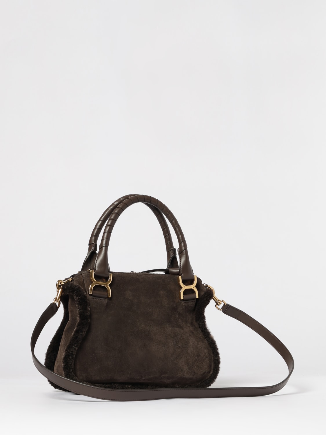 CHLOÉ BORSA MINI: Borsa Saddle Marcie Chloé in camoscio e shearling , Marrone - Img 3