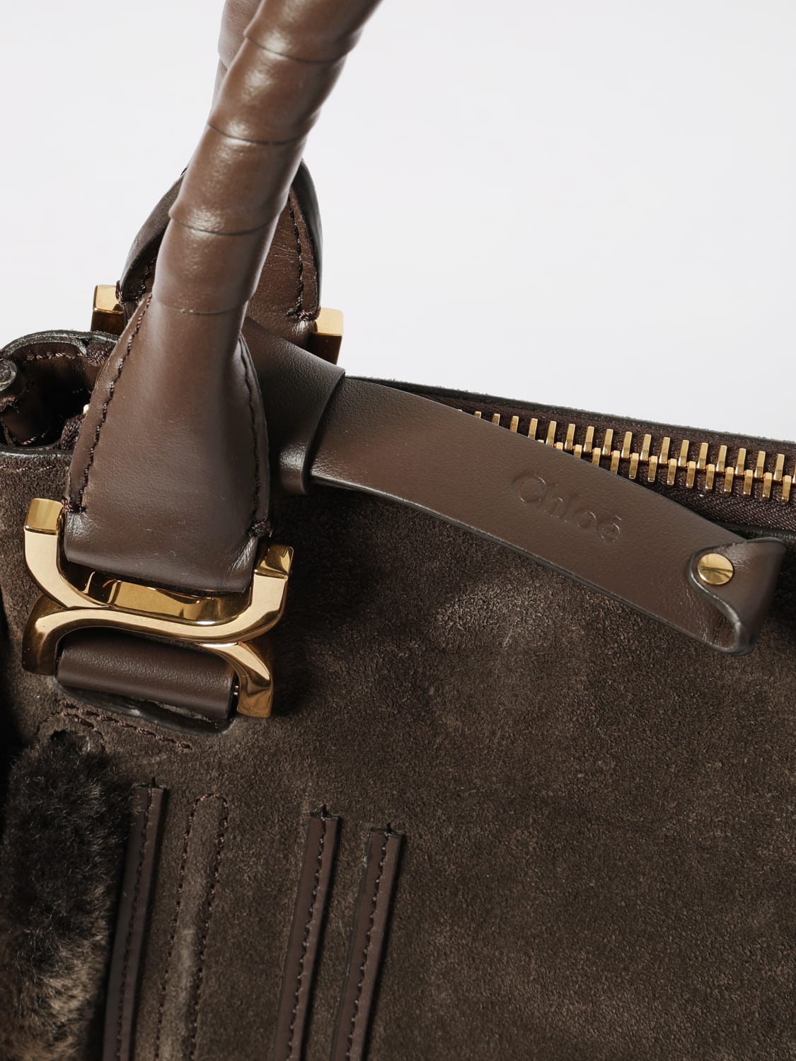 CHLOÉ BORSA MINI: Borsa Saddle Marcie Chloé in camoscio e shearling , Marrone - Img 4