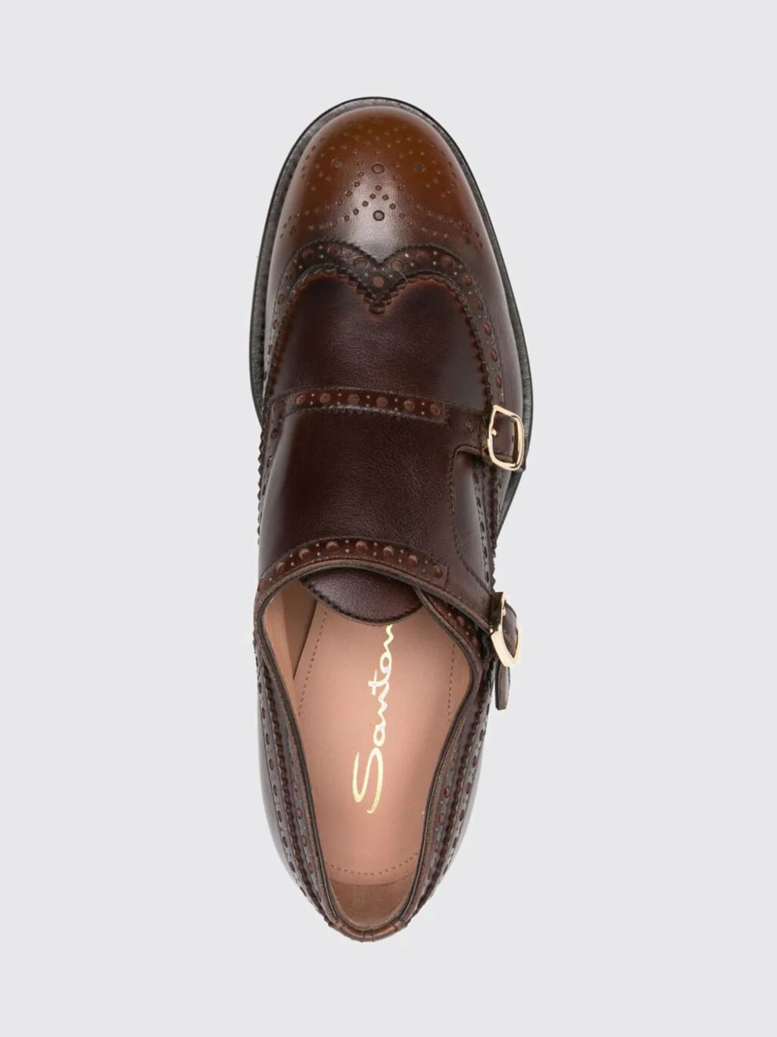 SANTONI STRINGATE: Monk Strap Santoni in pelle con motivo brogue a coda di rondine , Marrone - Img 4