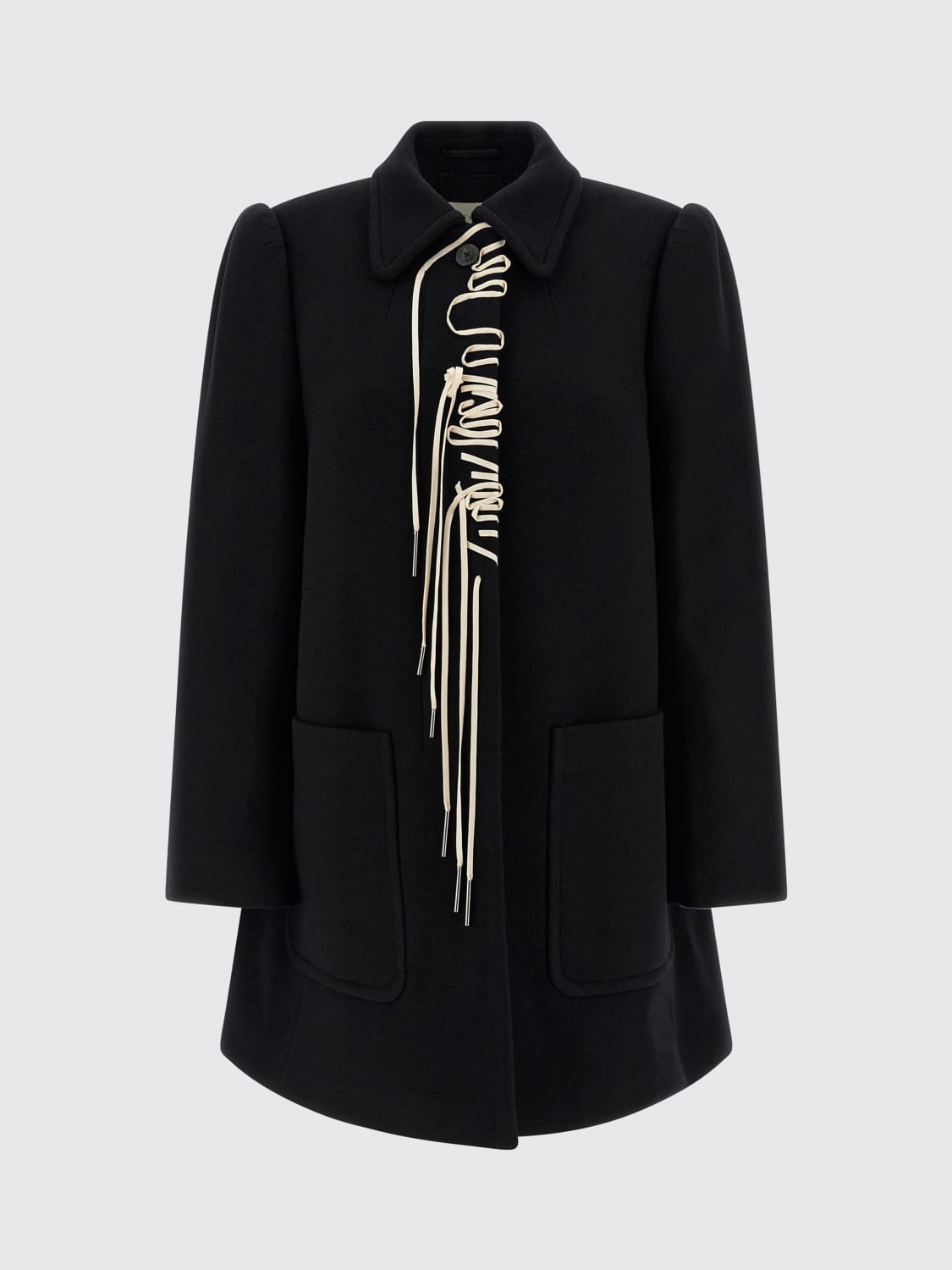 DRIES VAN NOTEN CAPPOTTO: Cappotto Dries Van Noten in misto lana con fettucce intrecciate , Nero - Img 1